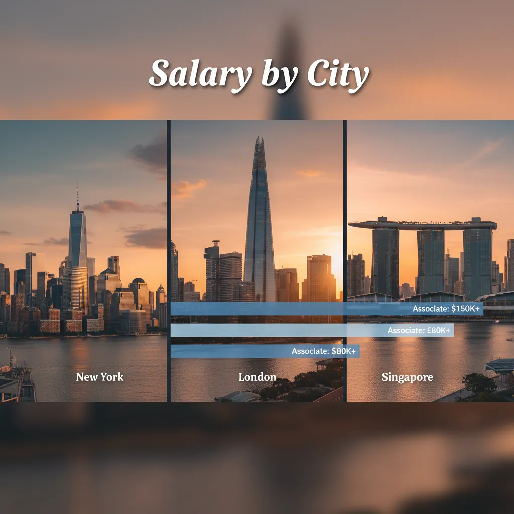 A world map with salary figures overlaid on major consulting hubs including New York, San Francisco, London, Dubai, and Singapore in a clean modern infographic style