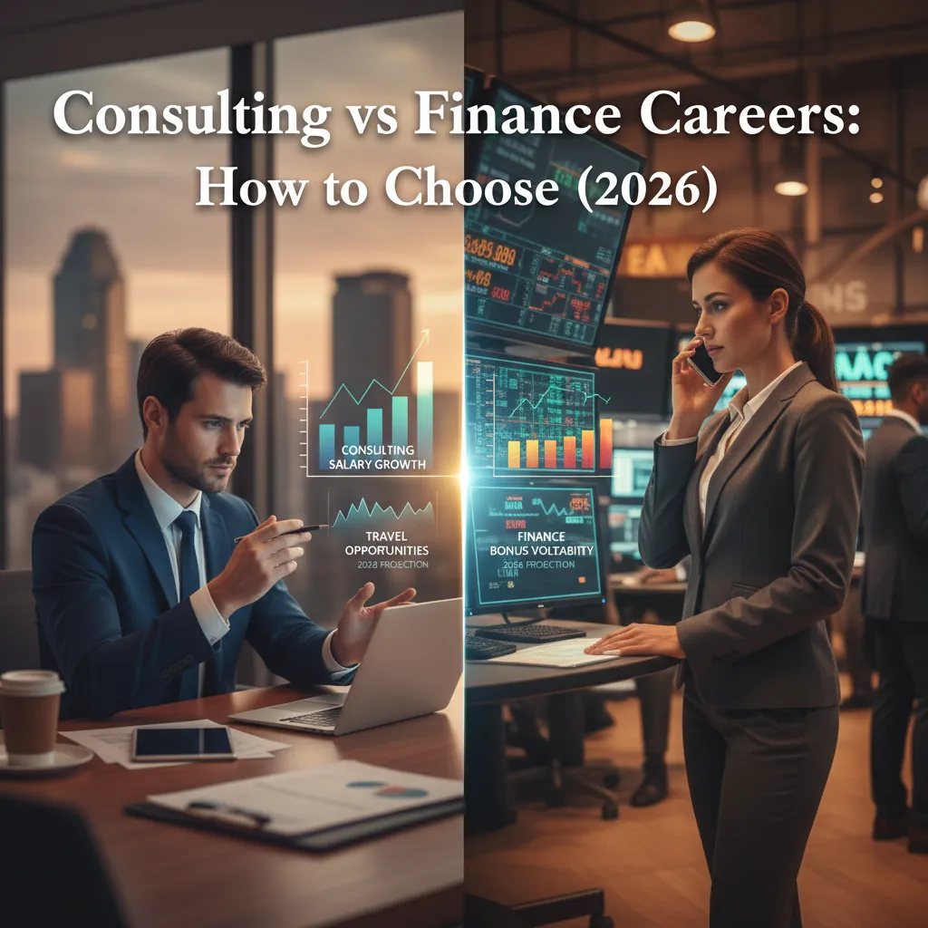 Split visual comparing a consulting candidate with a laptop against a finance professional on a trading floor with 2026 comparison data overlay