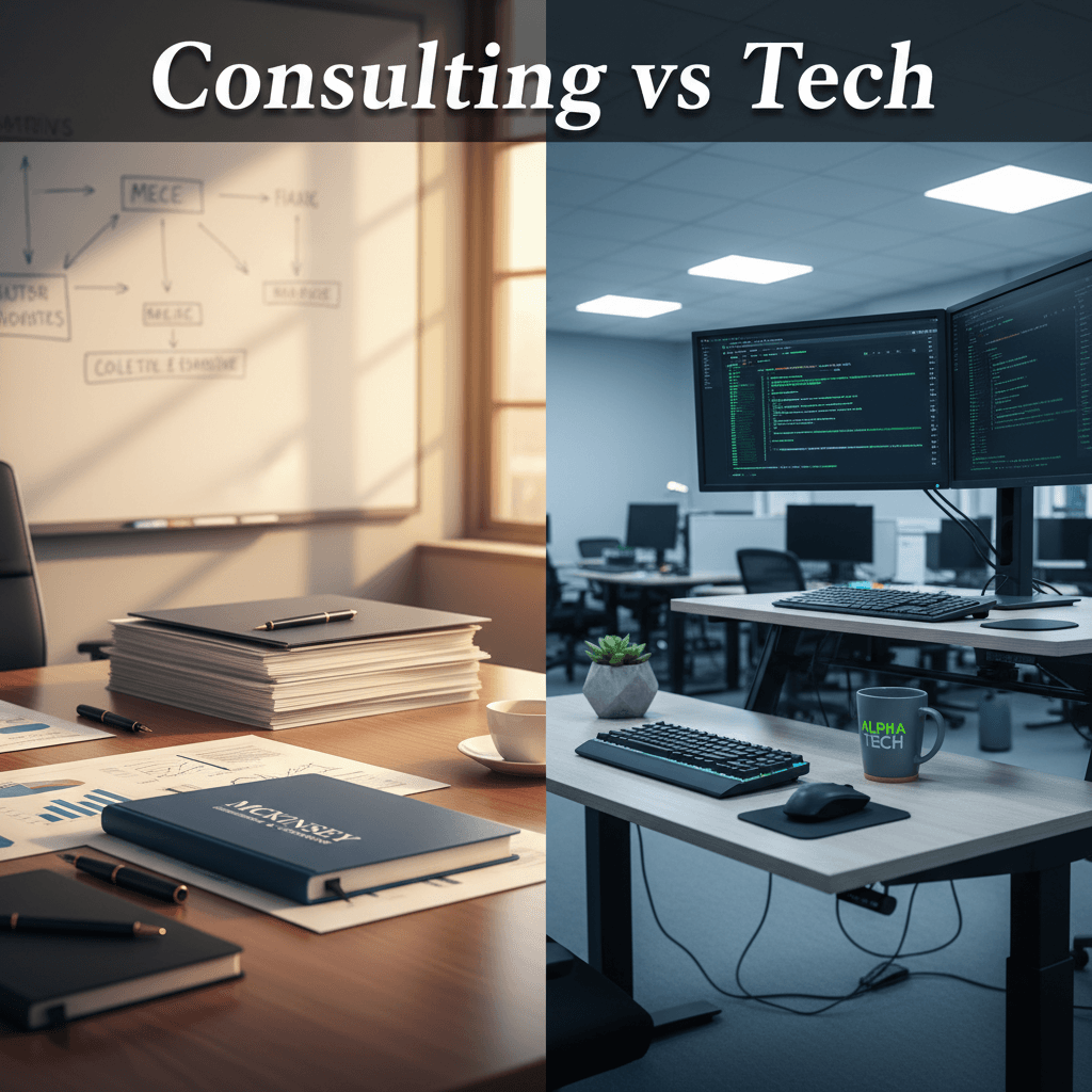 A comparison between a consulting war room with strategy frameworks and a tech company campus with engineers at standing desks