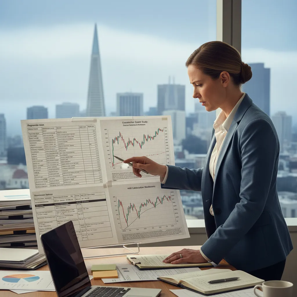 An analyst reviewing a regression output table and stock price event study chart in a modern office with economic consulting case materials on the desk