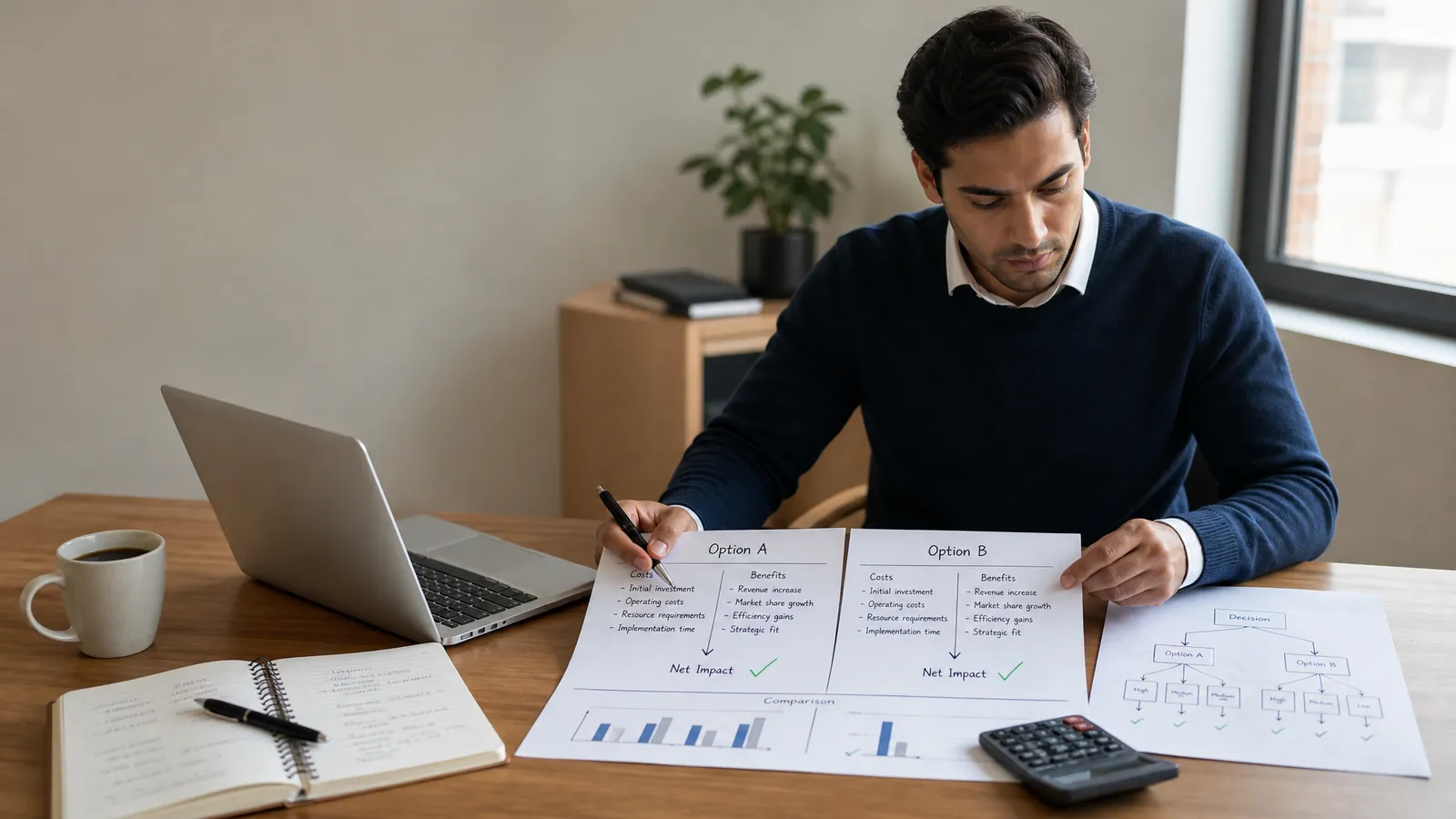 Consulting candidate comparing costs and benefits in a structured case interview framework
