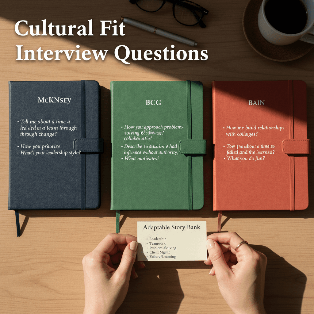 Candidate preparing for cultural fit interview questions at McKinsey, BCG, and Bain with a question list and story prep notes