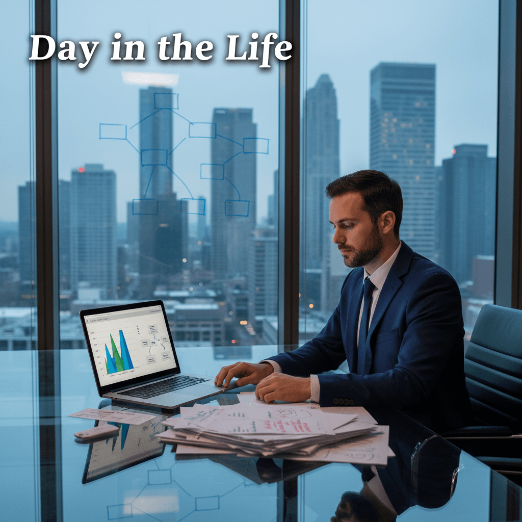 A management consultant reviewing PowerPoint slides on a laptop in a modern glass-walled client conference room, suit jacket draped over chair, whiteboard with framework diagrams behind them, cool blue corporate lighting