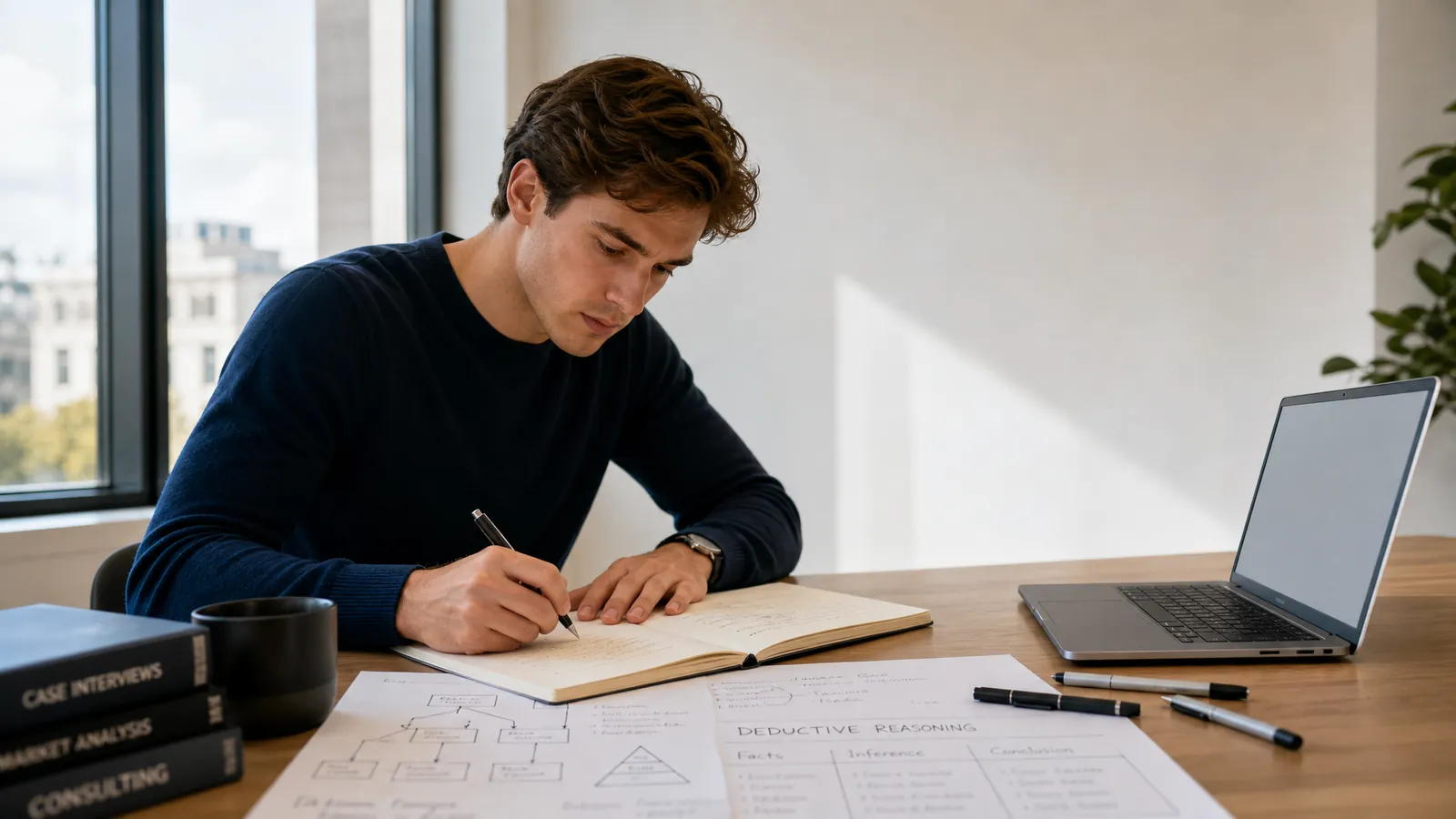 Consulting candidate preparing for deductive reasoning test with structured notes