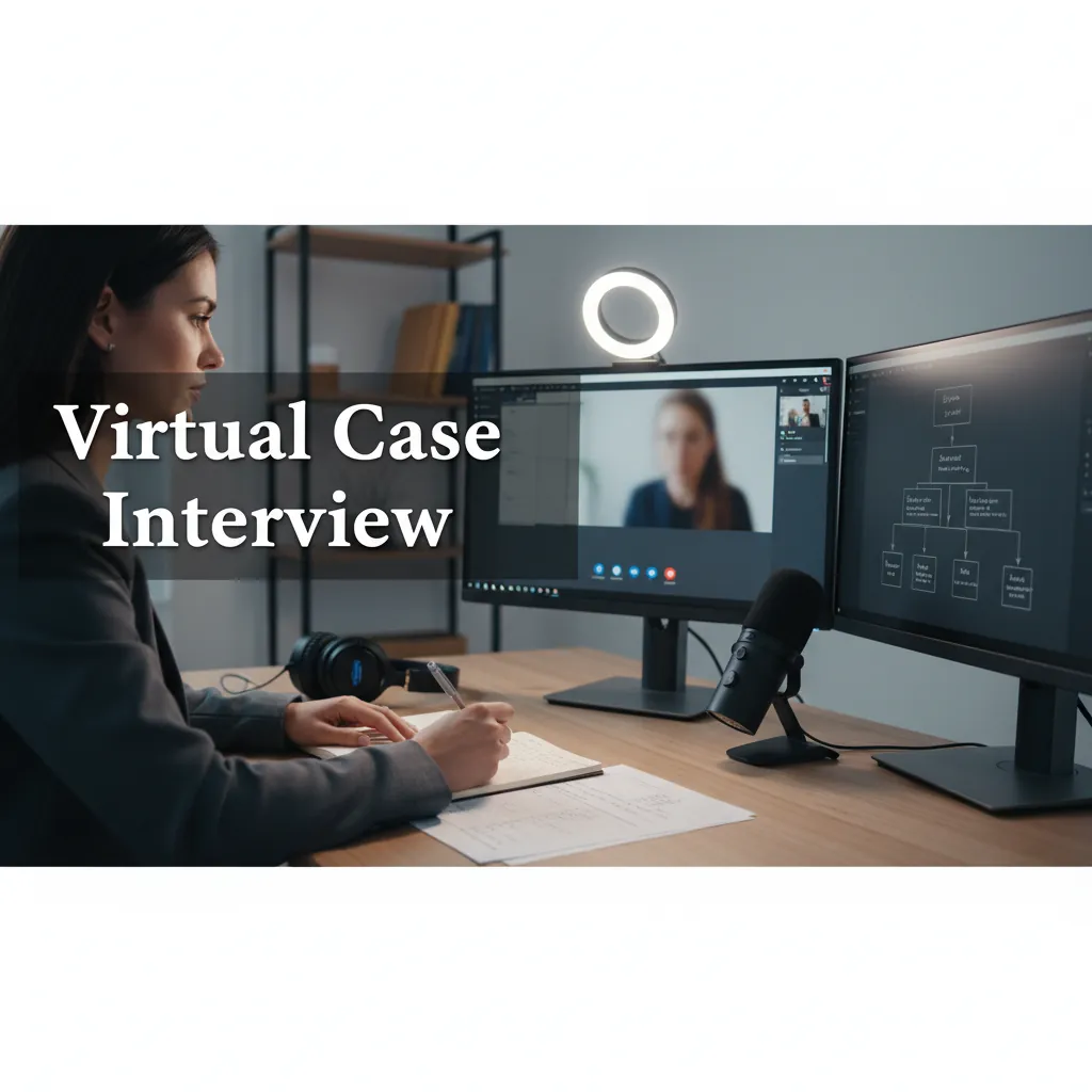 A consulting candidate preparing for a digital interview with a laptop, headset, notes, and a clean interview setup