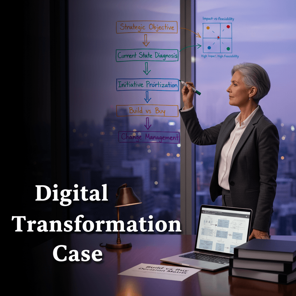 A consultant drawing a five-layer digital transformation roadmap on a glass whiteboard in a modern tech-consulting office, with cloud migration milestones, a build-vs-buy decision matrix, and platform architecture diagram visible — floor-to-ceiling windows revealing a city skyline at dusk in cool blue and violet tones