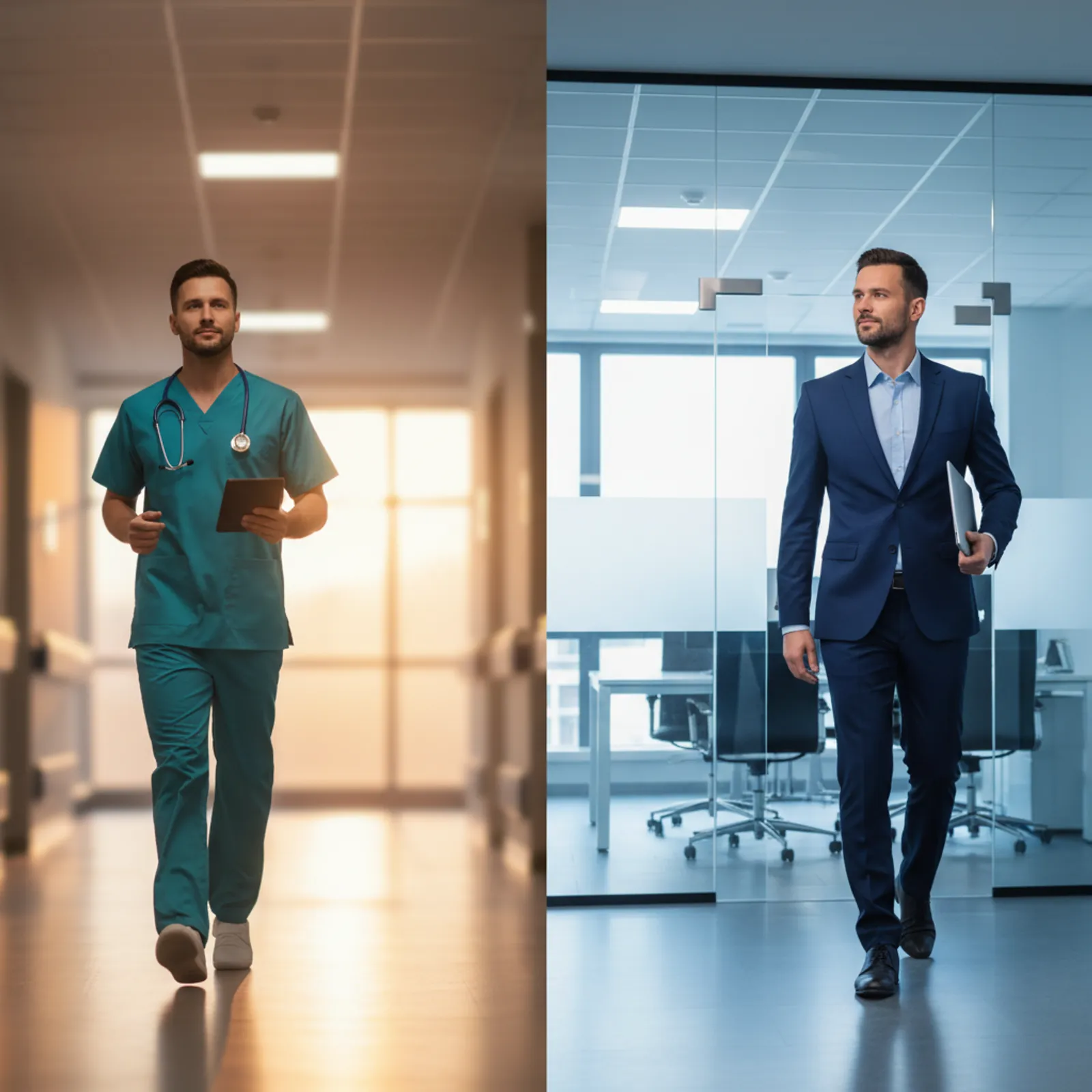 Person split between hospital scrubs in a hospital corridor and a tailored navy suit in a glass corporate office, mid-stride, with a warm-to-cool light gradient connecting both halves