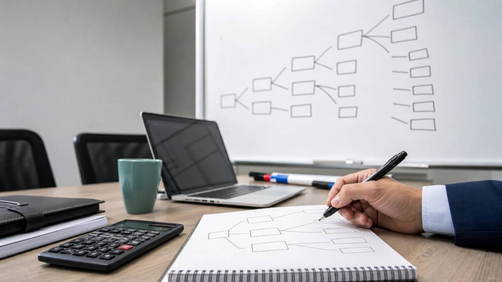 Consulting candidate sketching a driver tree for a case interview practice session