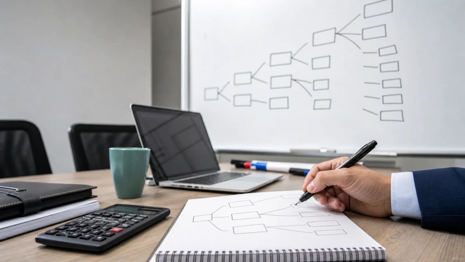 Consulting candidate preparing for driver tree case interview with structured notes