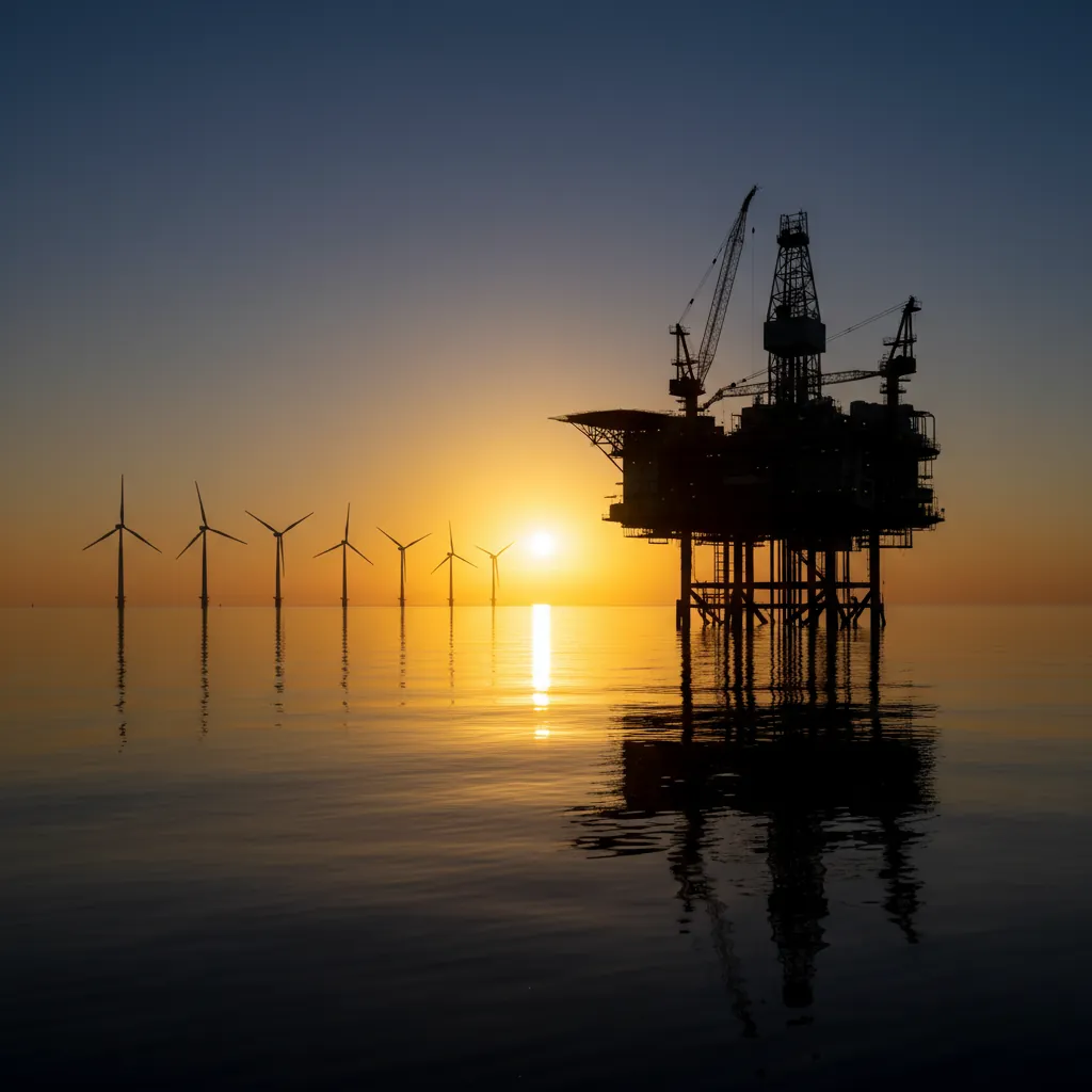 A consultant mapping an oil and gas value chain across a large whiteboard — upstream drilling platform, midstream pipeline network, downstream refinery, and renewable energy additions — in a strategy consulting office with panoramic city views