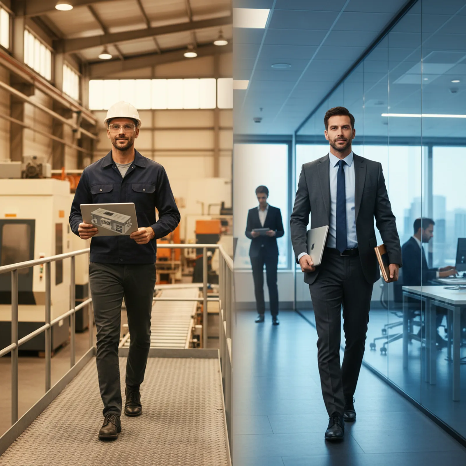 Person split between safety glasses and hard hat on a manufacturing mezzanine and a tailored charcoal suit in a glass corporate office, mid-stride, with a warm-to-cool light gradient connecting both halves