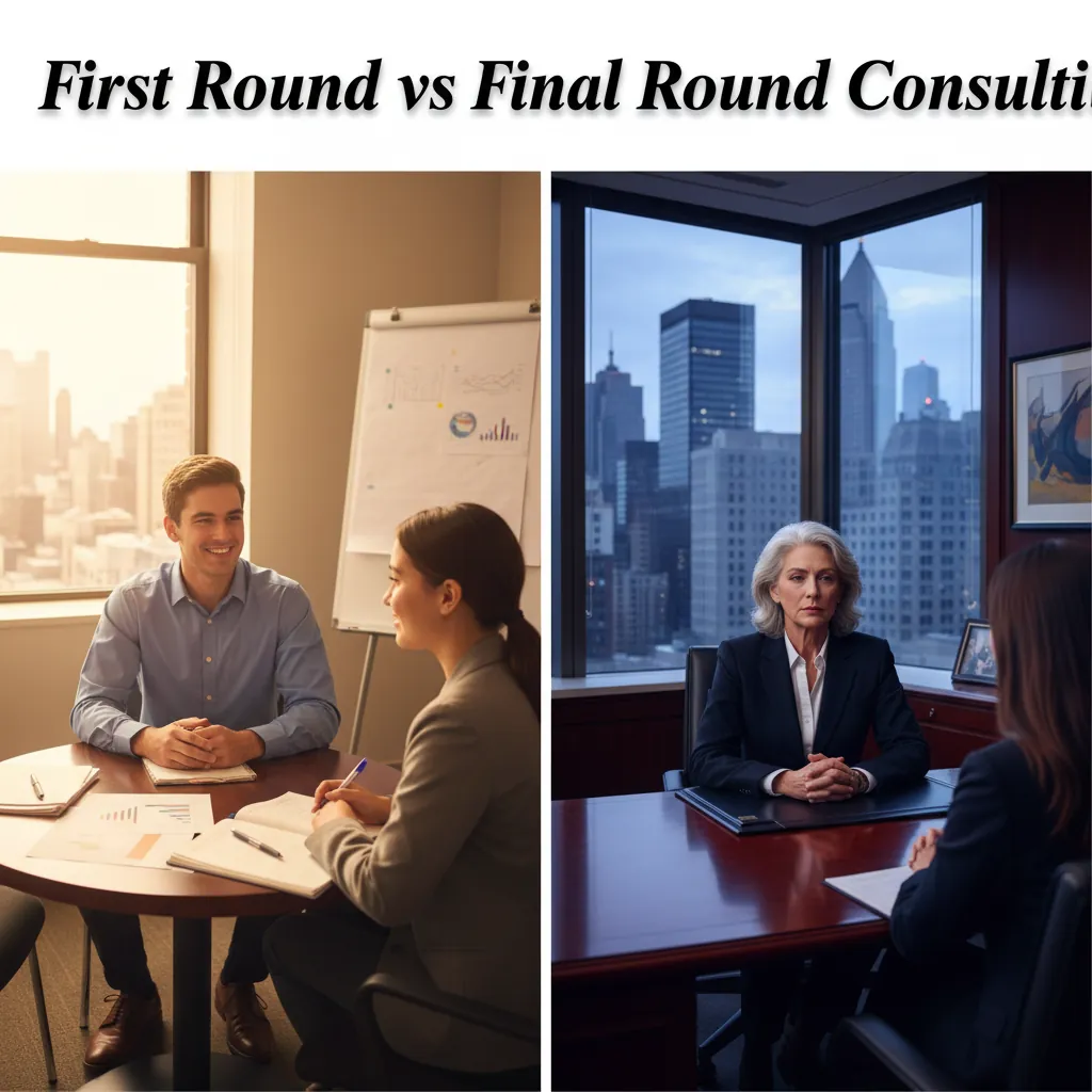 First and second round consulting interview comparison with notes and case prompts