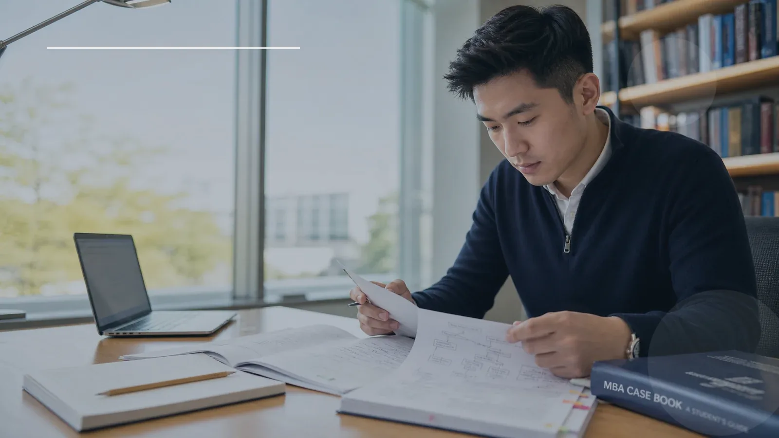 Consulting candidate using a Chicago Booth-style case book with charts and math notes