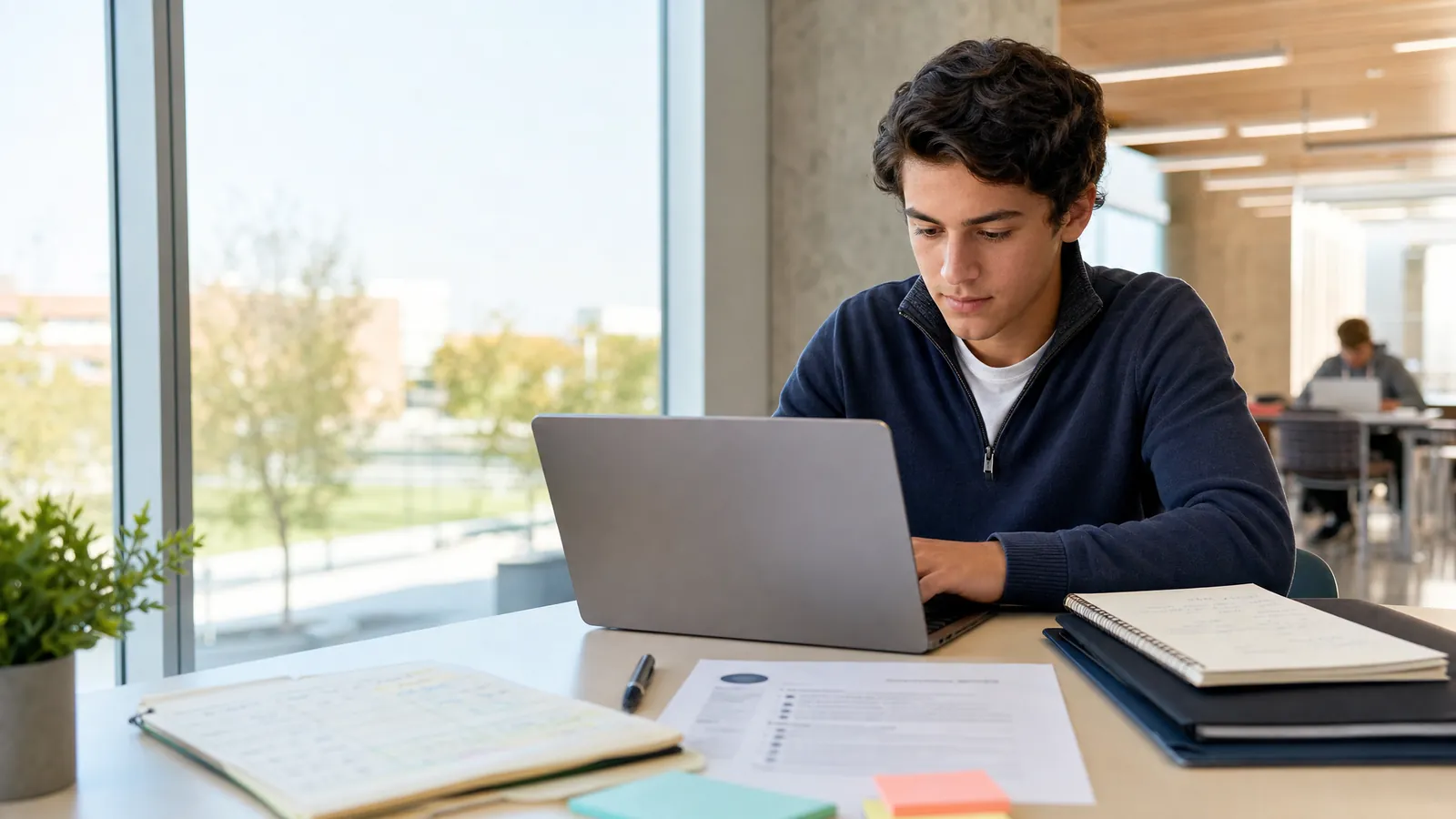 First-year college student organizing consulting internship applications and interview prep notes