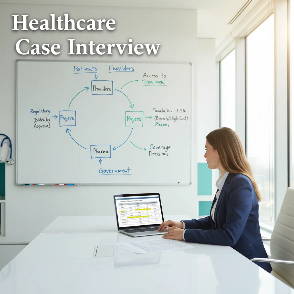 A candidate in a healthcare consulting office analyzing a patient access and reimbursement strategy chart with clinical and payer data visible