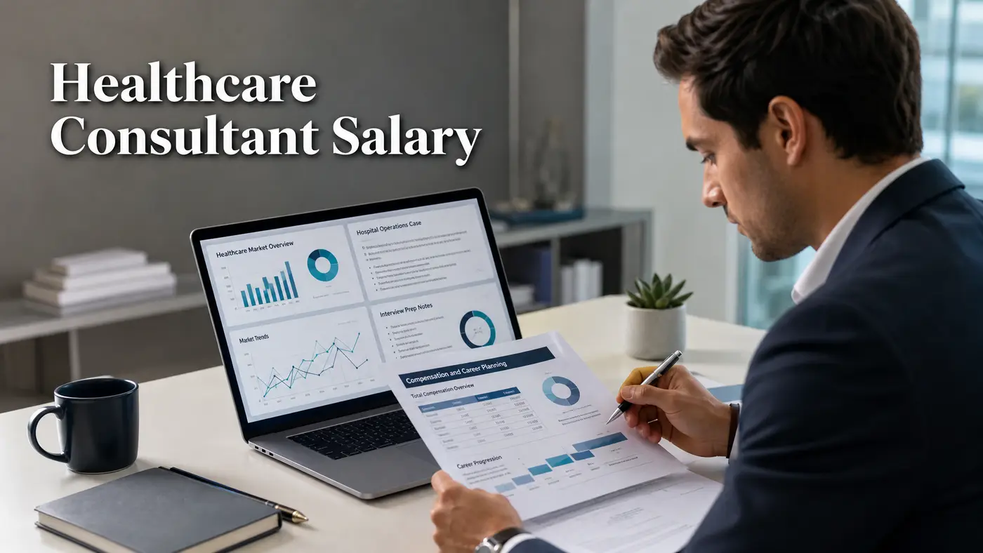 A healthcare consulting applicant reviewing salary drivers, interview notes, and healthcare market charts
