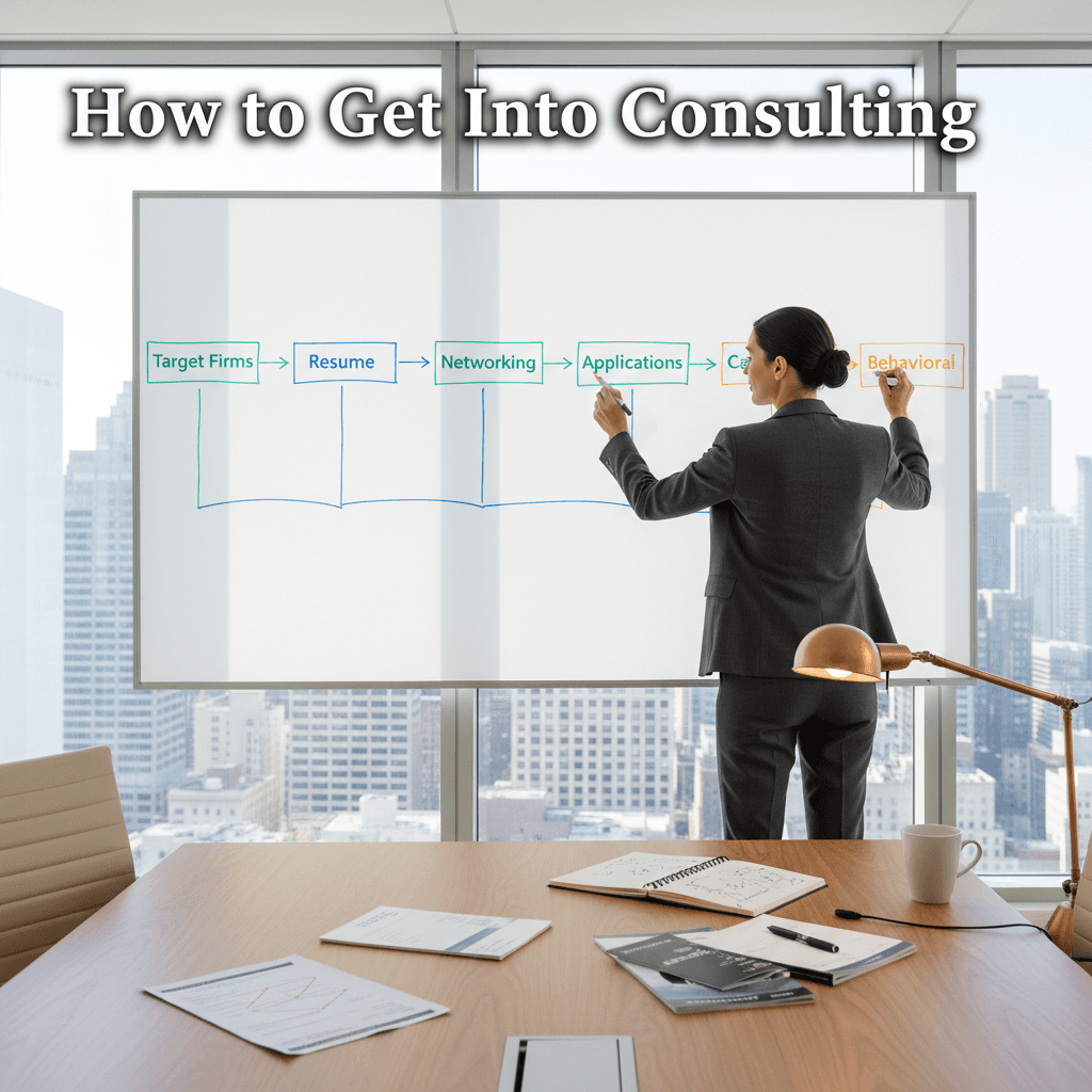 A consulting candidate mapping a 6-step recruiting roadmap on a whiteboard — firm targeting, resume, networking, application, case prep, and behavioral prep — in a modern strategy consulting office with city views