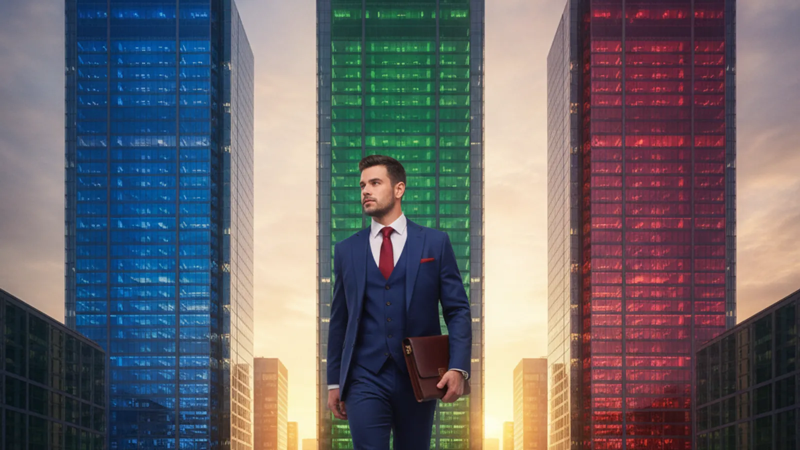 Candidate walking toward three office towers representing McKinsey, BCG, and Bain