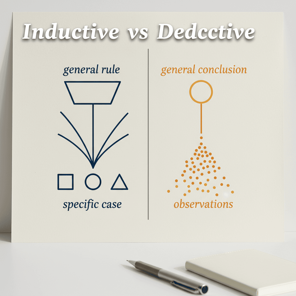 Diagram contrasting deductive reasoning (general rule to specific case) with inductive reasoning (specific observations to general conclusion)