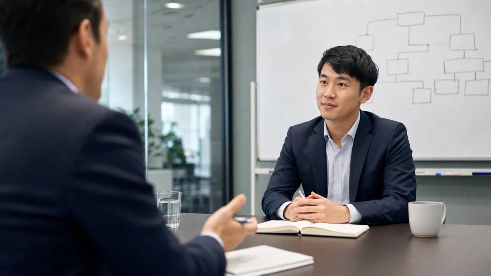 Consulting candidate reviewing case interview coaching notes in a modern workspace
