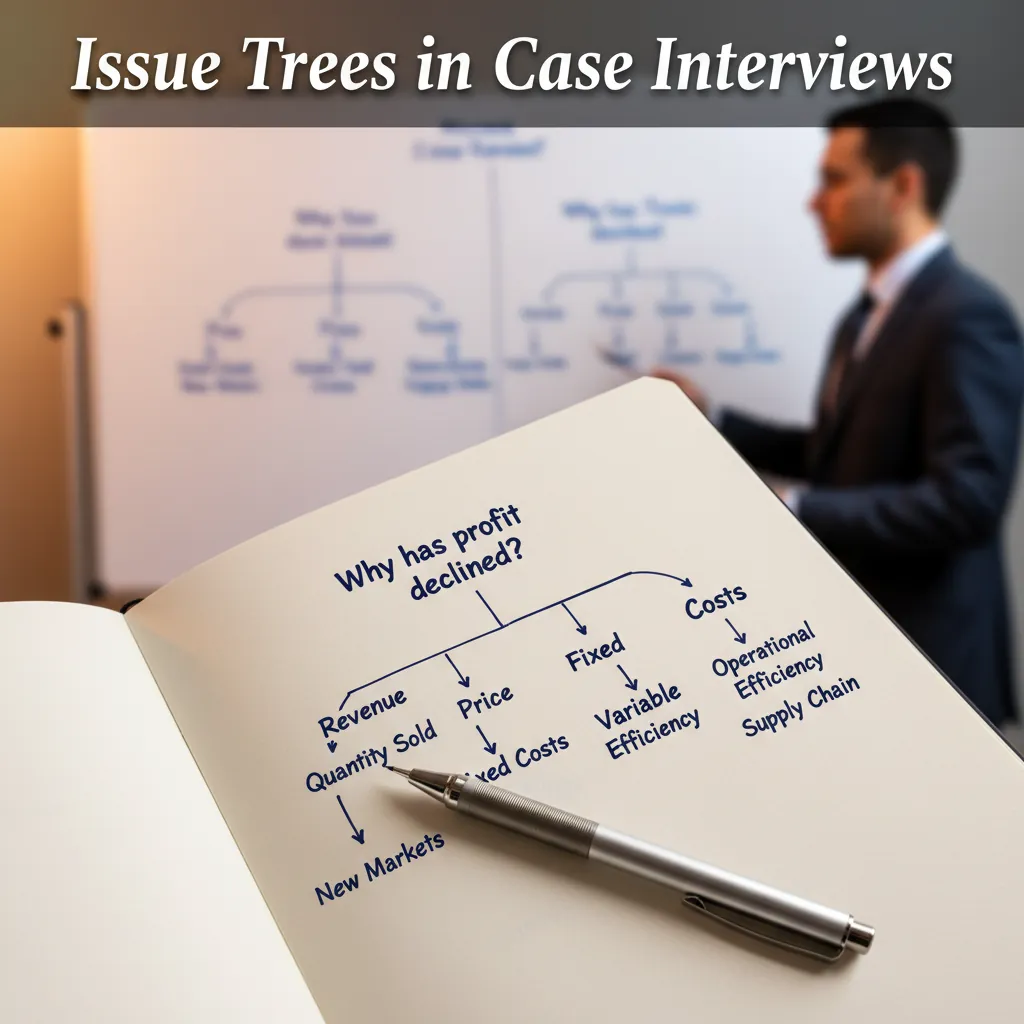 Issue tree diagram showing MECE branches for a profitability case interview