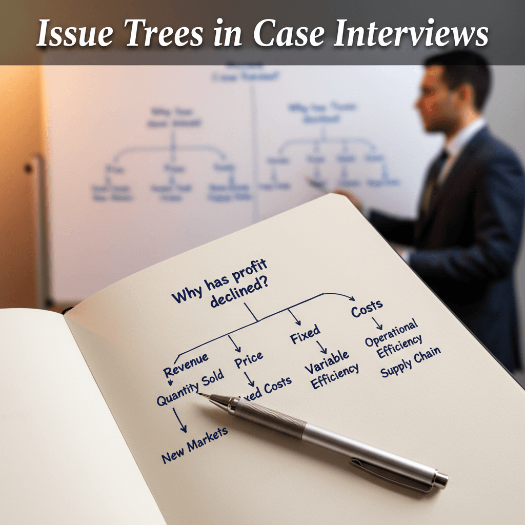 Issue tree diagram showing MECE branches for a profitability case interview