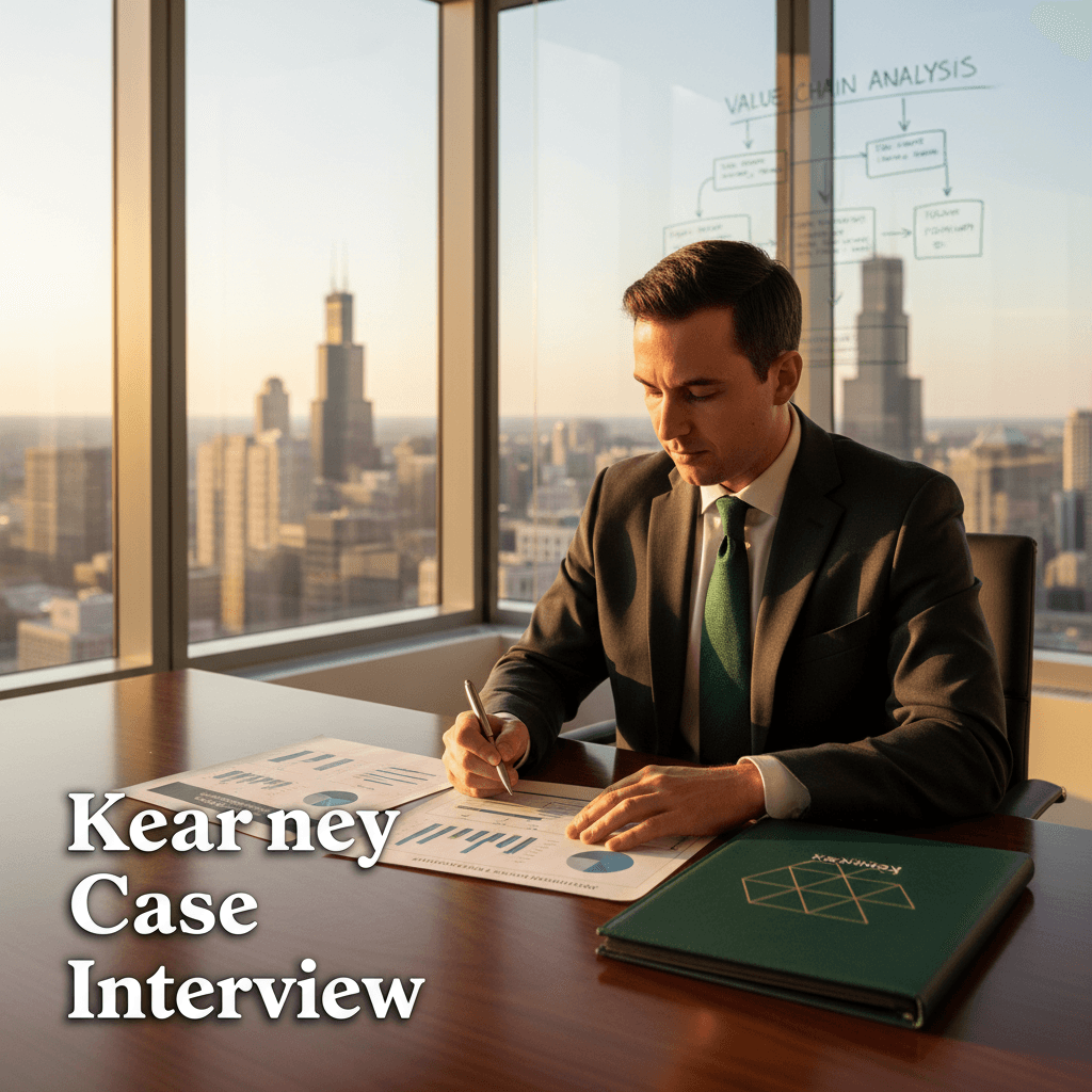Candidate solving a supply chain optimization case at a Kearney case interview in a modern Chicago office