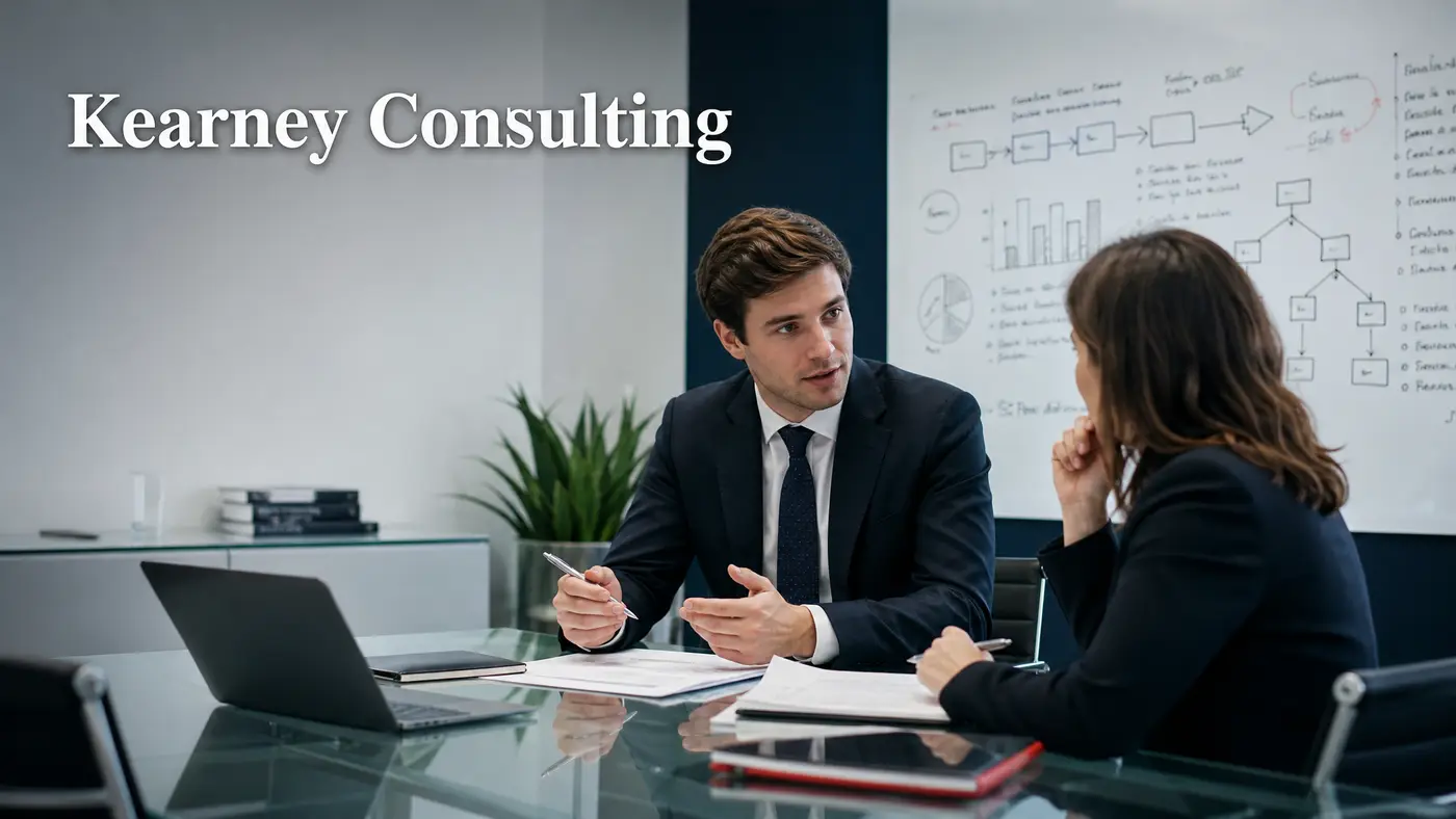 A Kearney consulting candidate discussing an operations and growth case in a modern consulting office