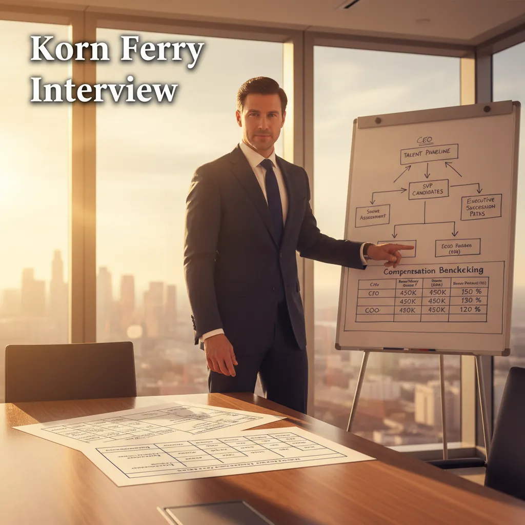 Candidate presenting an organizational restructuring framework during a Korn Ferry case interview in a modern Los Angeles office