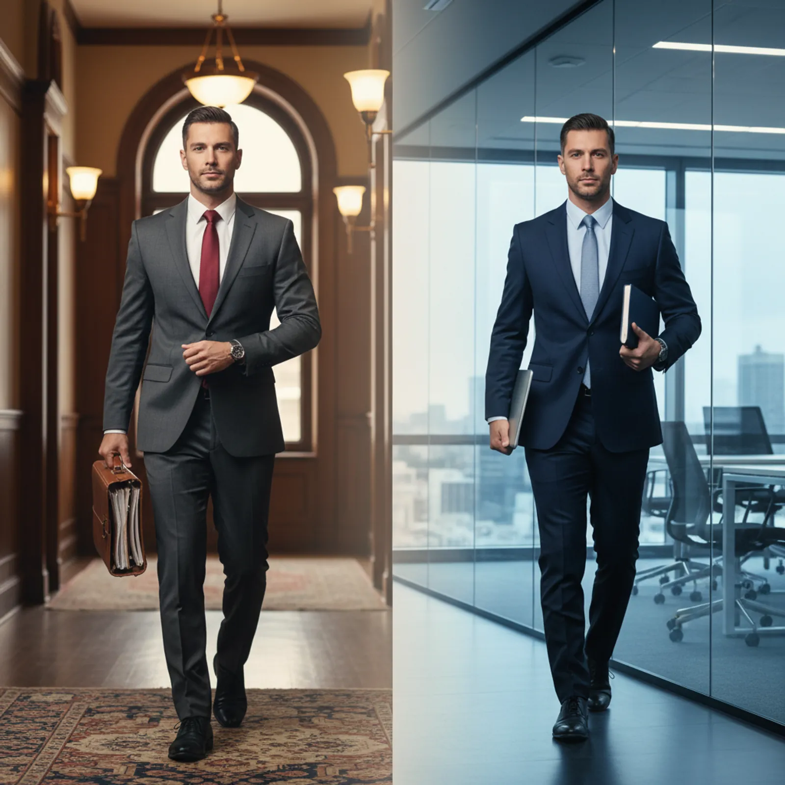Person split between a tailored grey suit holding a leather portfolio in a wood-paneled law-firm hallway and a navy suit holding a slim laptop in a glass corporate office, with a warm-to-cool light gradient between