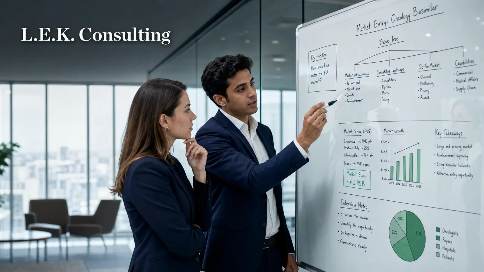 A consulting candidate and strategy consultant reviewing a life sciences market entry case on a glass whiteboard