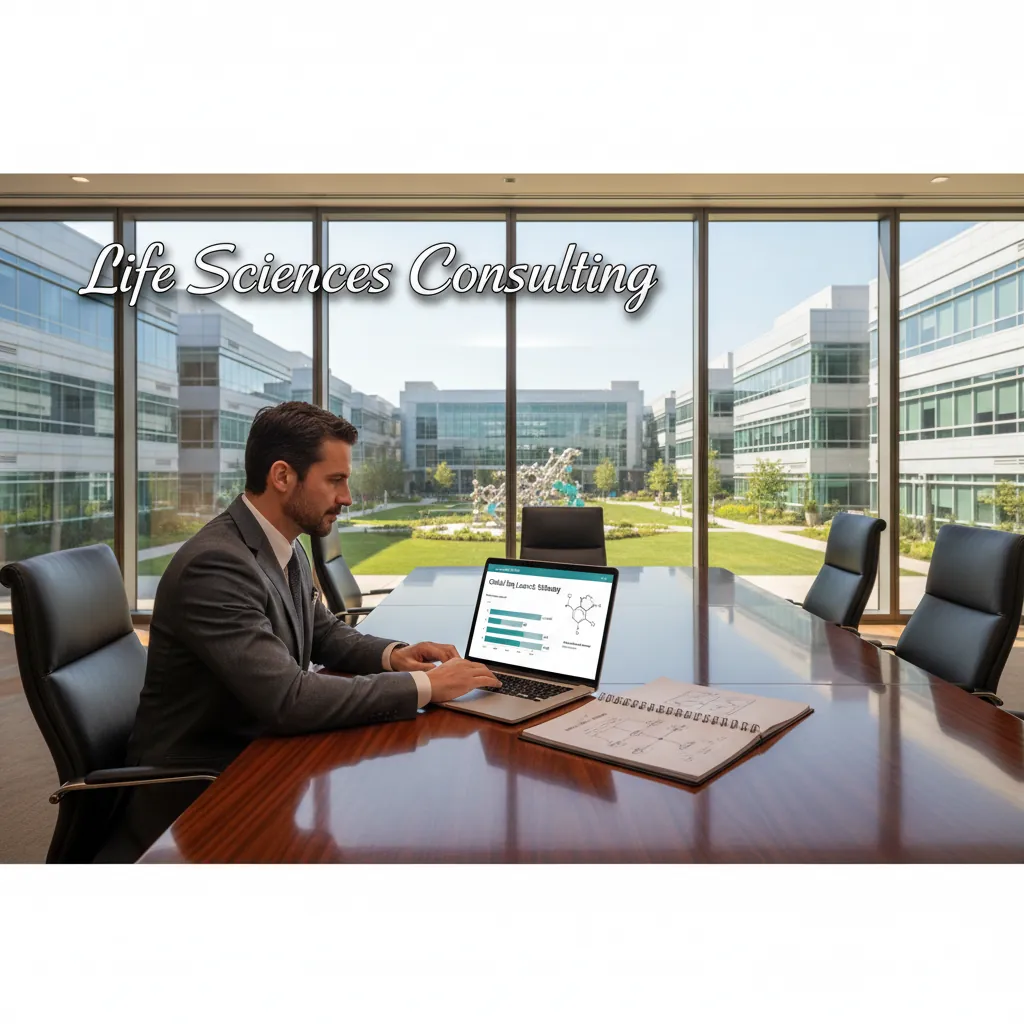 Life sciences consulting case interview showing pharmaceutical drug launch framework, clinical trial phases, and payer strategy diagrams