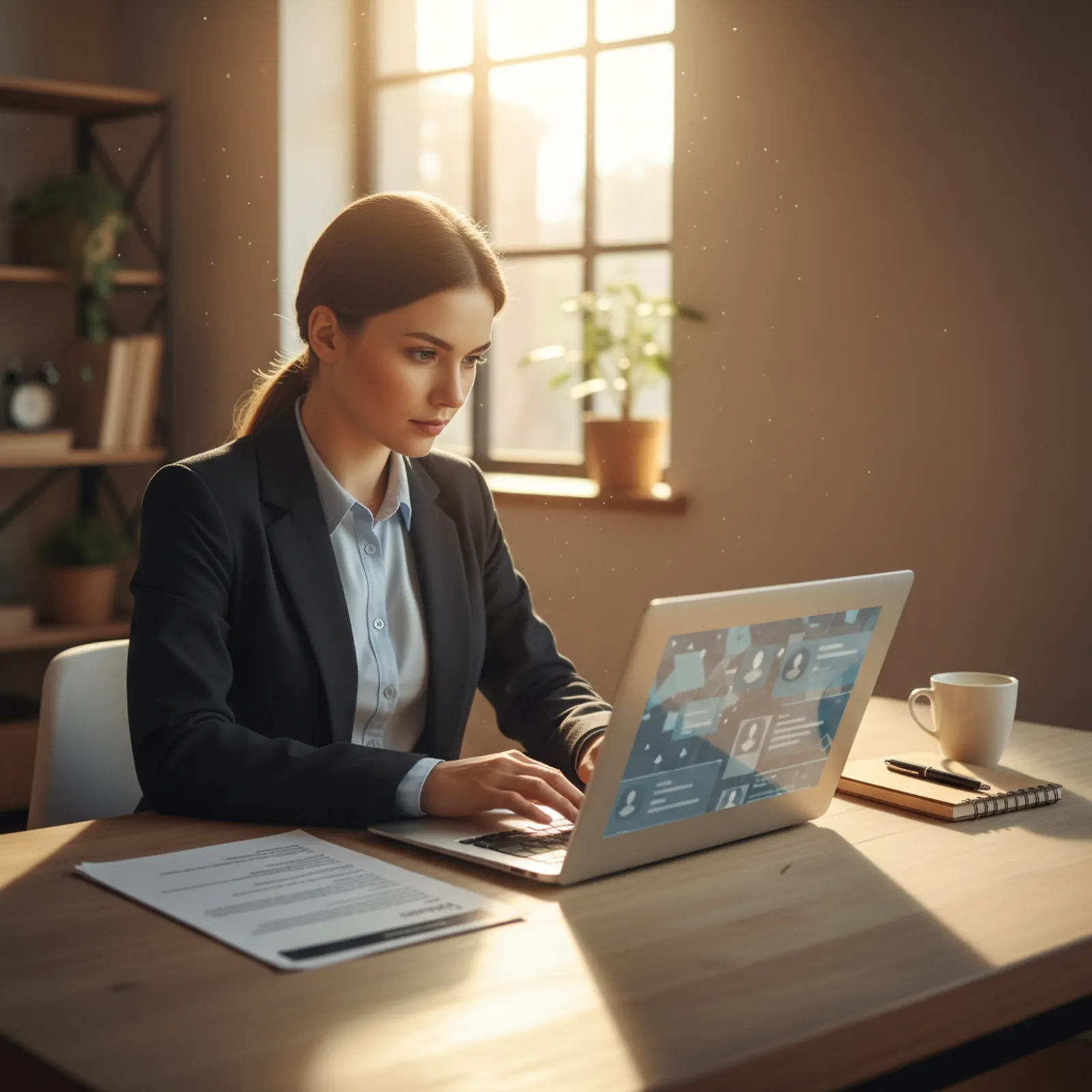 Candidate at a wooden home-office desk with a printed one-page resume and a laptop showing a generic professional-network profile interface, warm window light from behind
