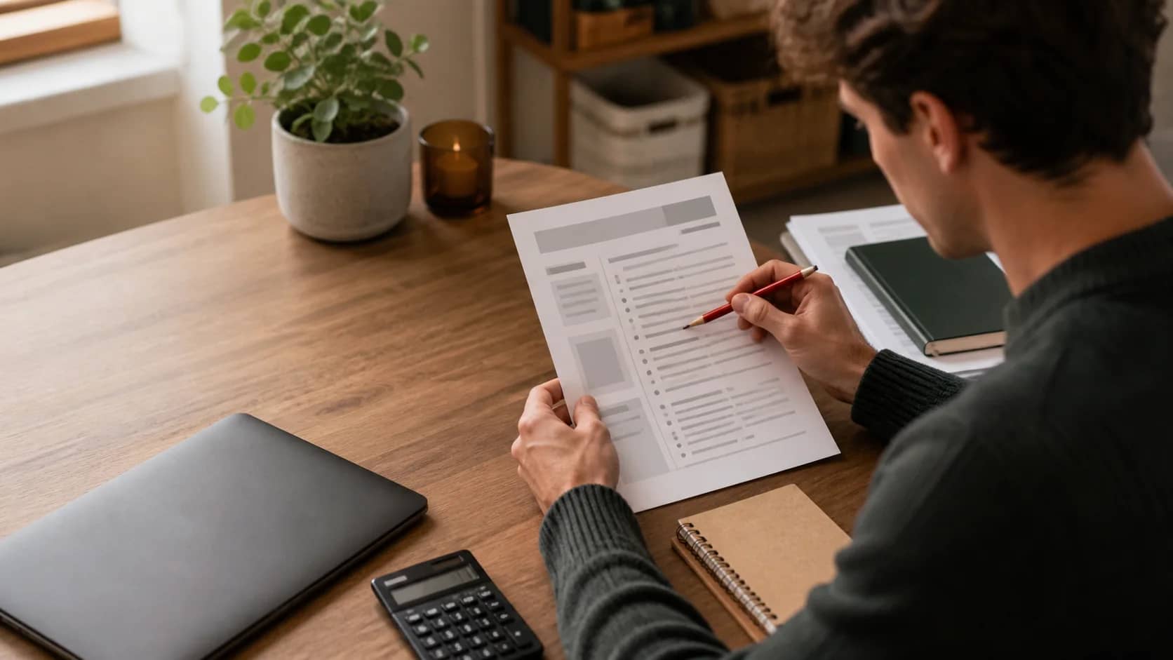 Applicant reviews a clean one-page consulting CV at a desk