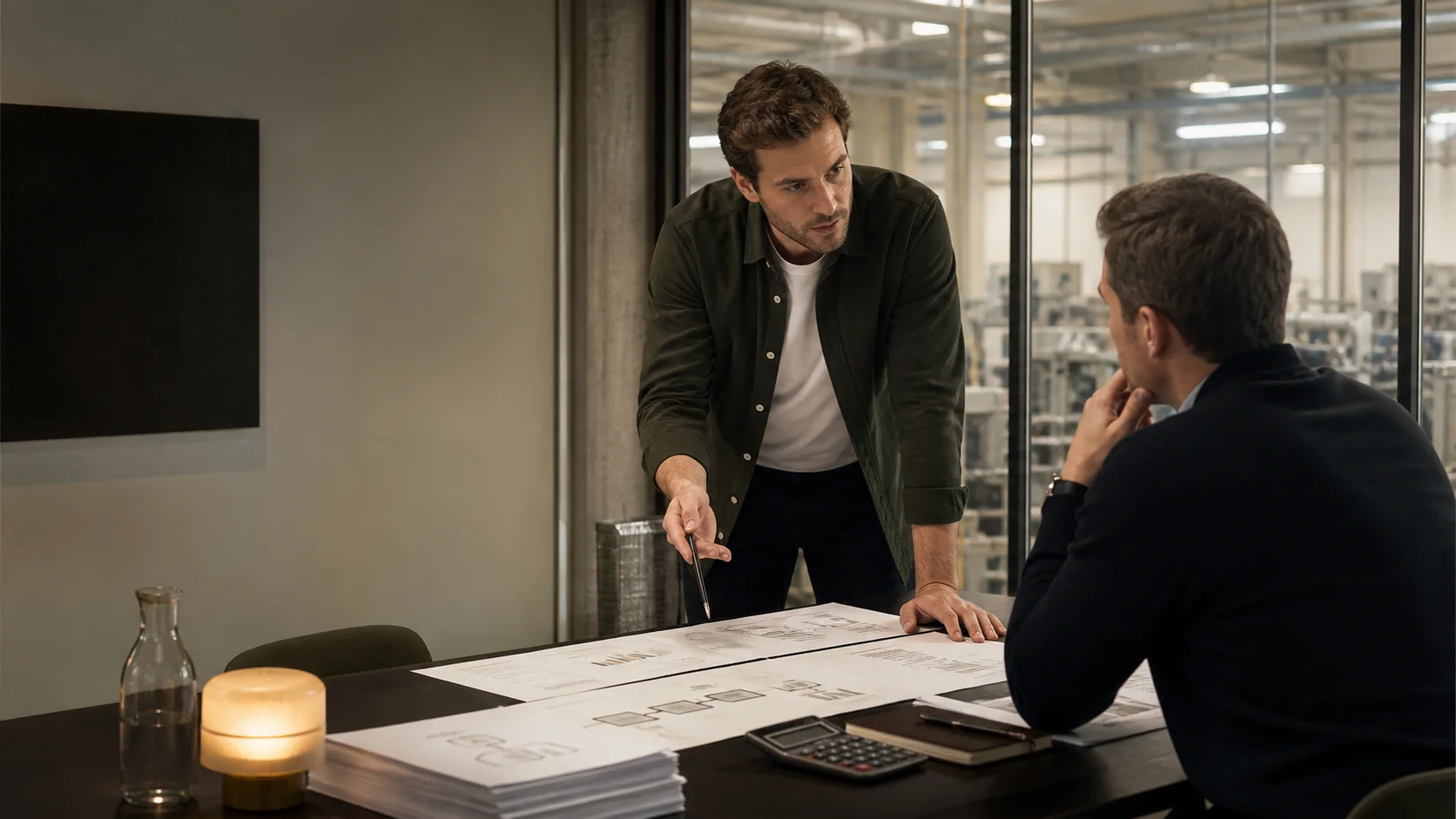 Two people review process diagrams in an industrial office