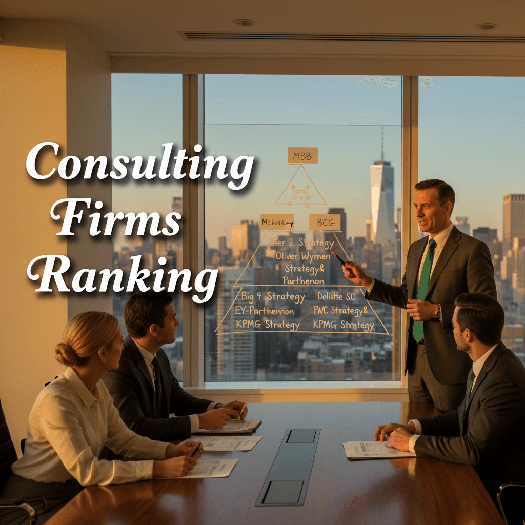 A tiered pyramid chart of management consulting firms — MBB at the apex, Tier 2 strategy below, Big 4 next, and boutiques at the base — displayed on a glass presentation board in a sleek modern strategy office