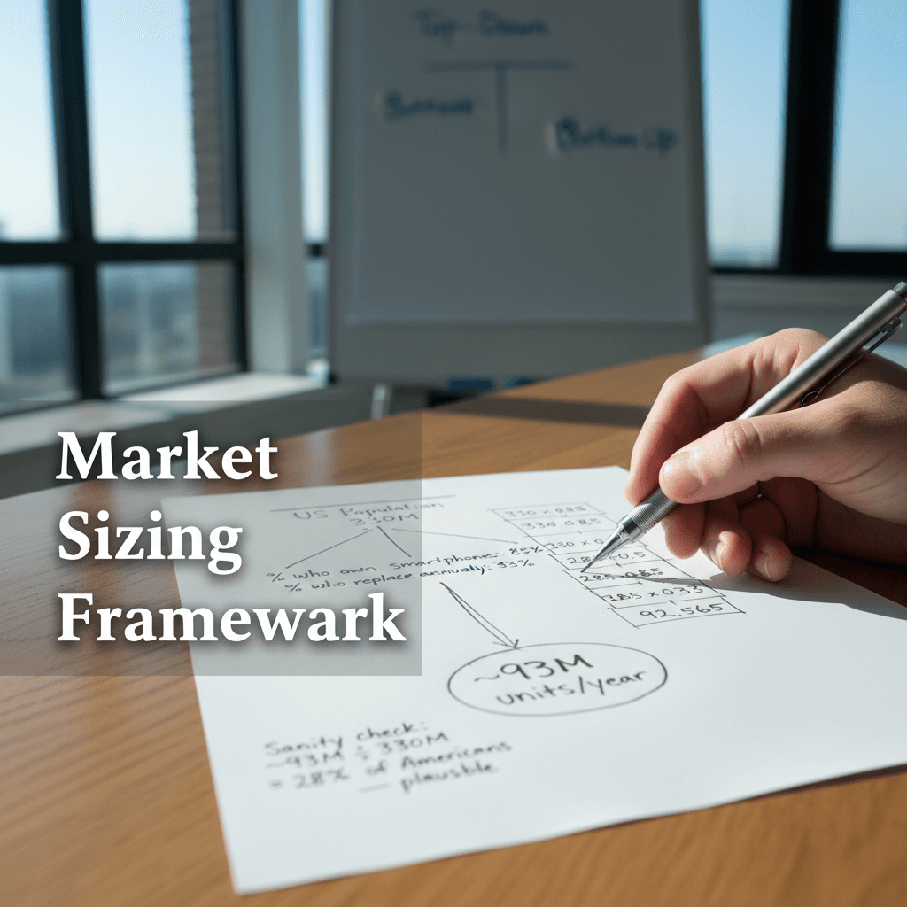 A consultant sketching a market sizing tree diagram on a whiteboard — branching from US population through demographic filters to a final revenue estimate — mechanical pencil in hand, notebook with rounded numbers visible, clean consulting office with morning light