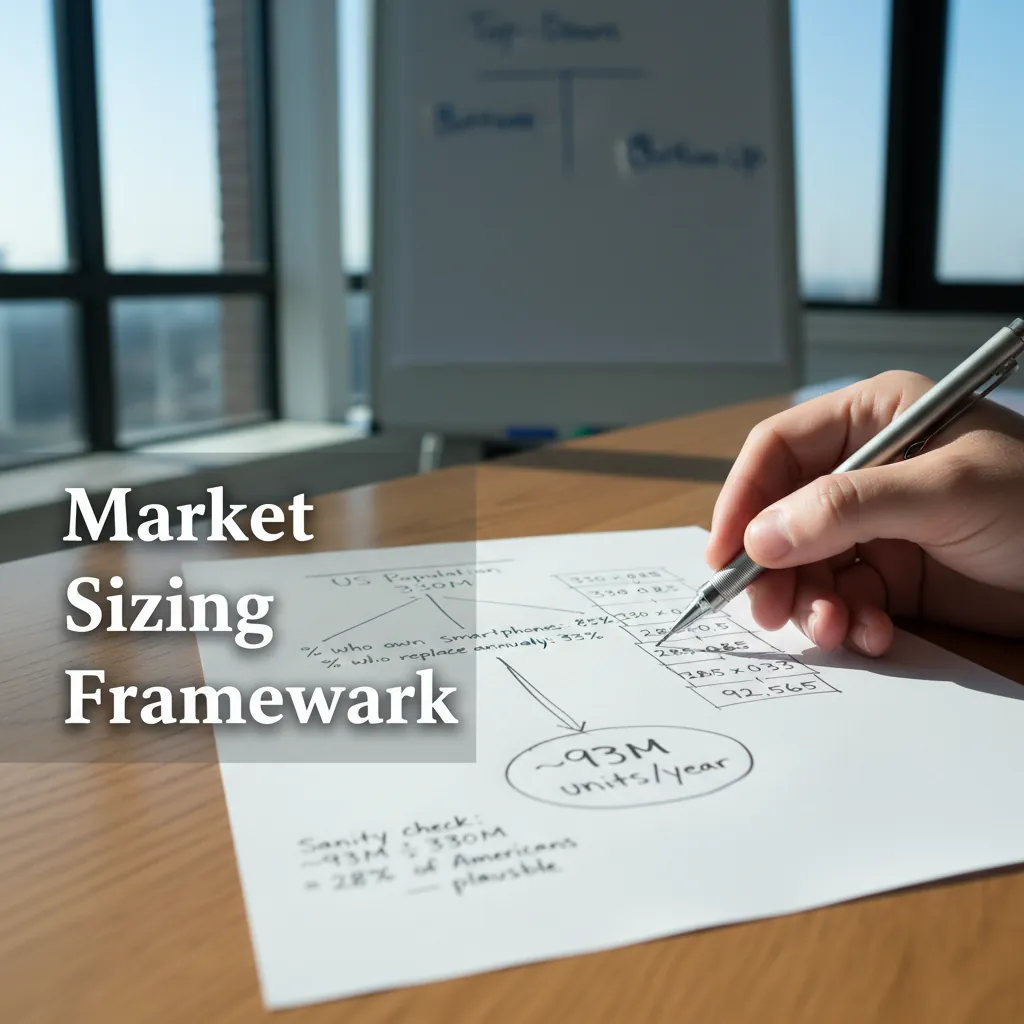 A consultant sketching a market sizing tree on a whiteboard, branching from US population through demographic filters to a final estimate