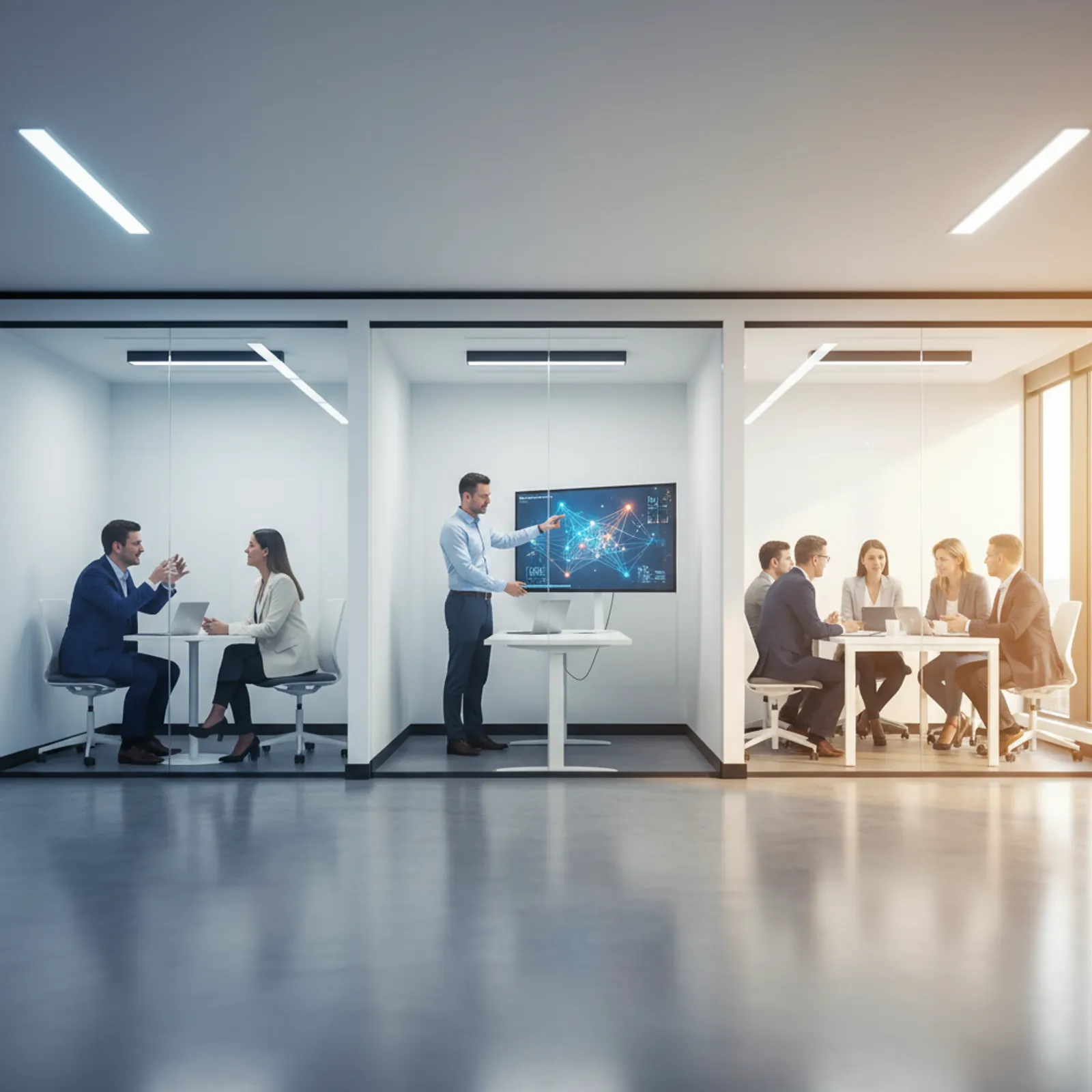 Wide architectural view of three connected glass-walled office spaces showing a 2-person strategy huddle, a single specialist at a standing desk, and a 5-person collaboration around a long table, with shared warm-to-cool light