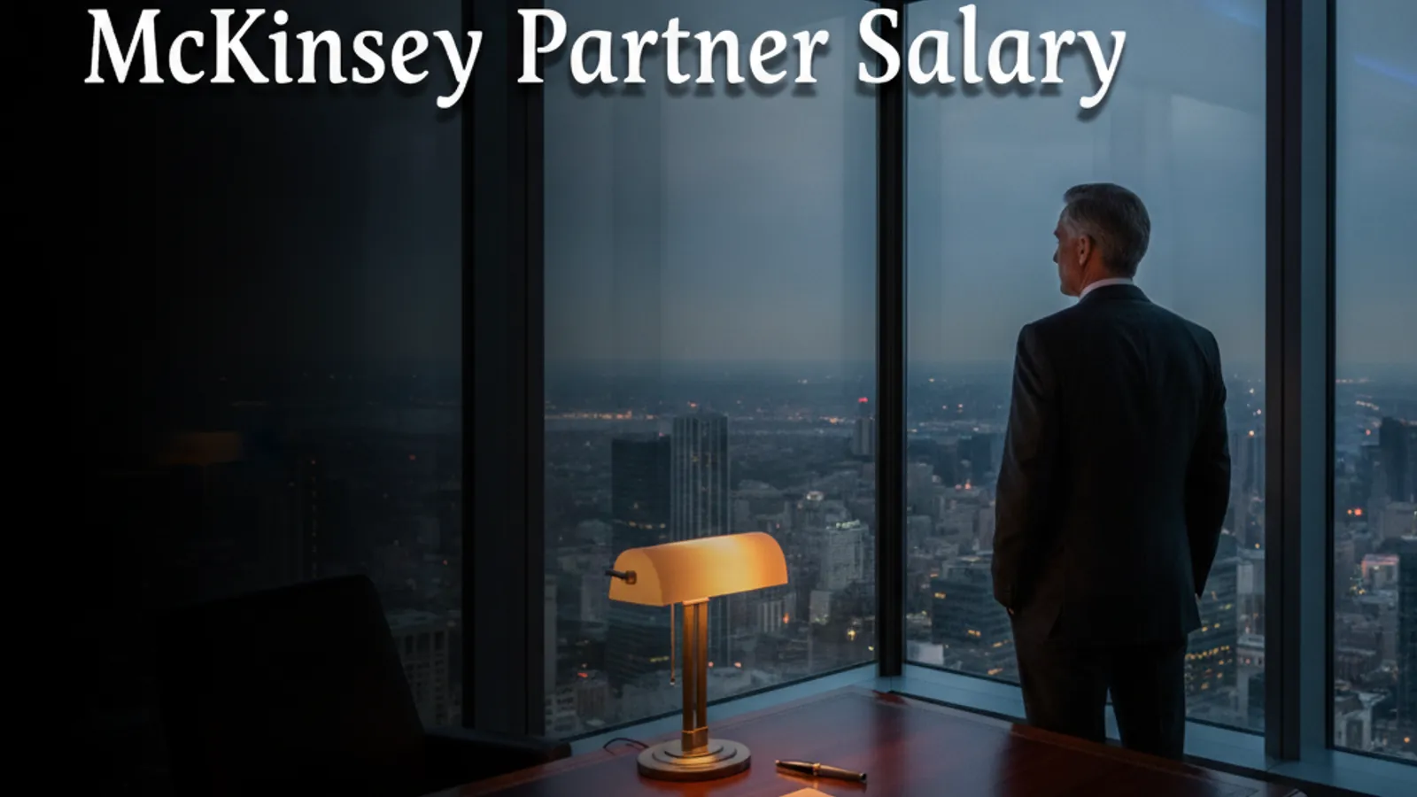 A McKinsey office building exterior with a chart showing partner compensation ranges by seniority level