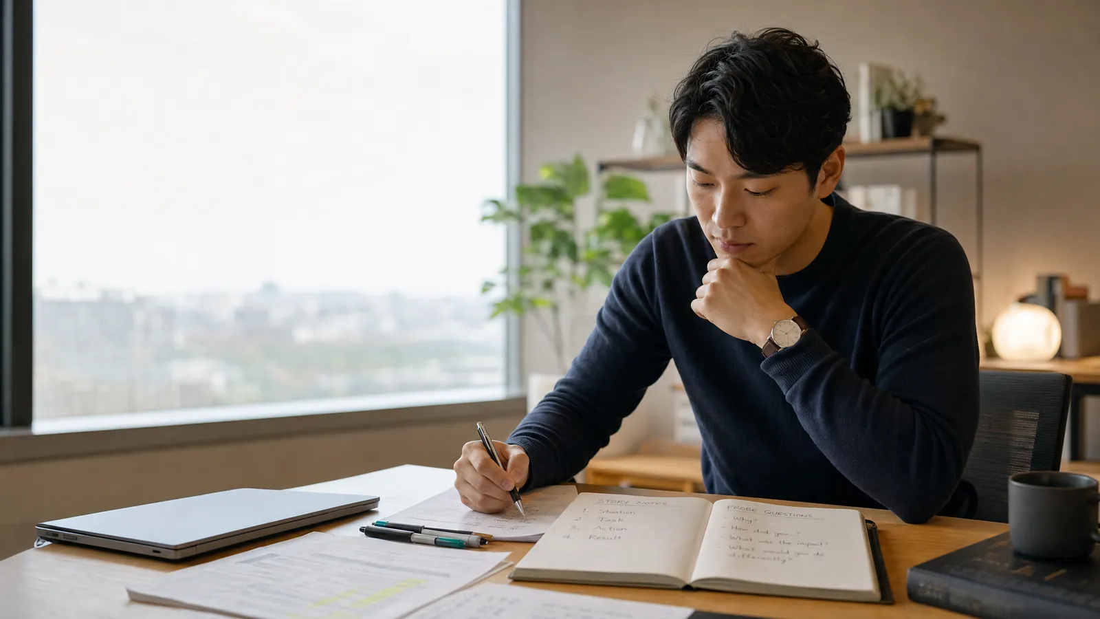 Consulting candidate preparing McKinsey PEI interview questions with structured story notes