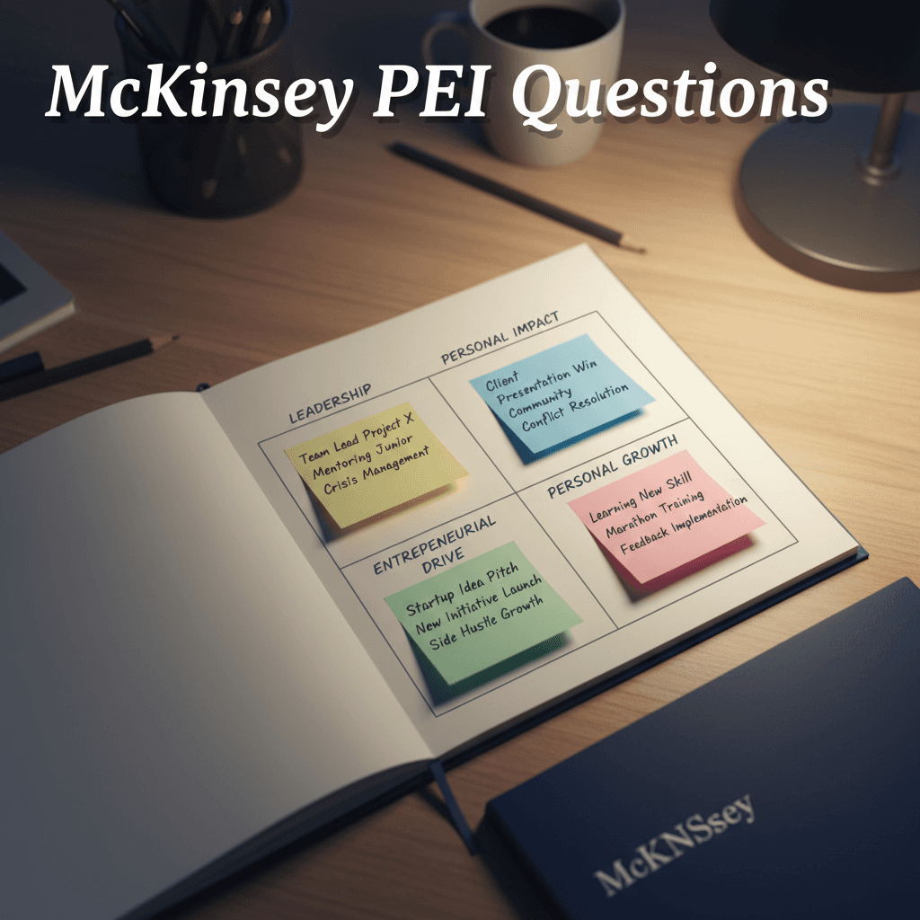 McKinsey PEI questions organized by signal: Leadership, Personal Impact, Entrepreneurial Drive, and Personal Growth, with a 30+ question bank and follow-up probe patterns for 2026 prep.