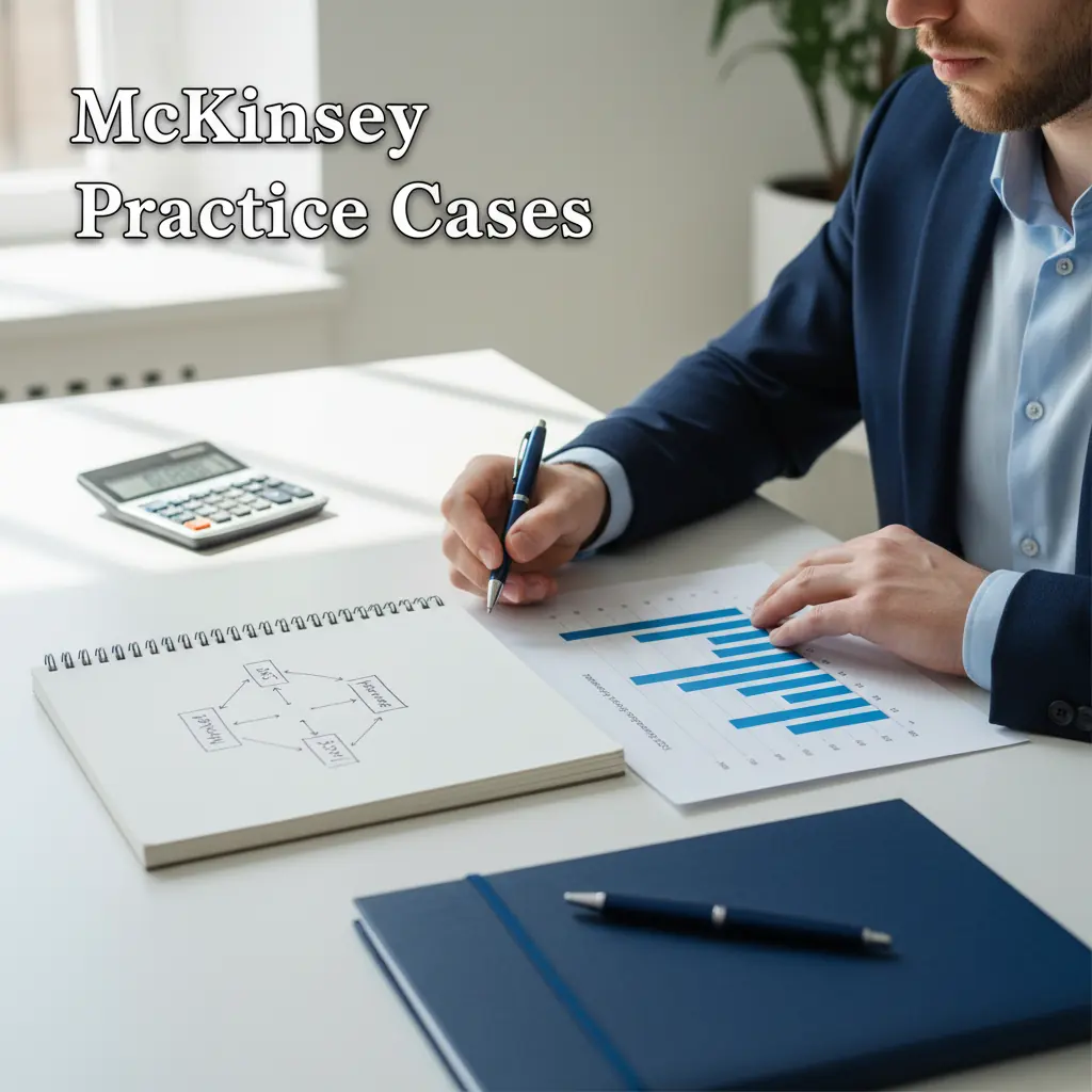 A candidate working through a McKinsey-style practice case with a structured issue tree and exhibit notes