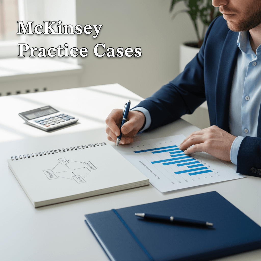 A candidate working through a McKinsey-style practice case on paper with a structured framework and exhibit notes