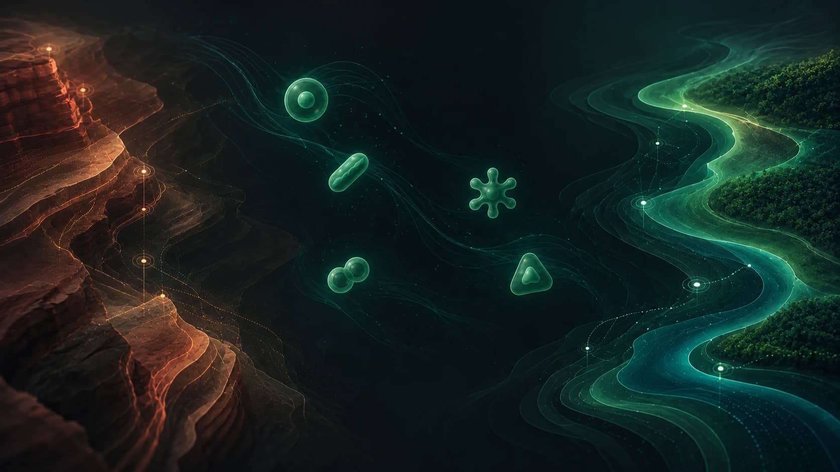 Illustration of the three Solve games side by side: amber canyon strata for Redrock, green microbes for Sea Wolf and coastal contour lines for the Sustainable Futures Lab