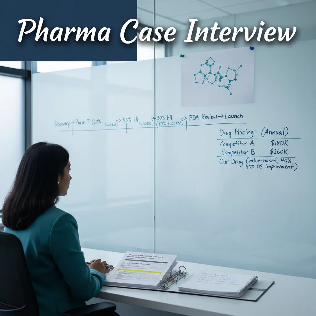 A consulting candidate analyzing a pharmaceutical pipeline chart and drug pricing model with molecular structure data visible on a glass whiteboard in a Boston life sciences office