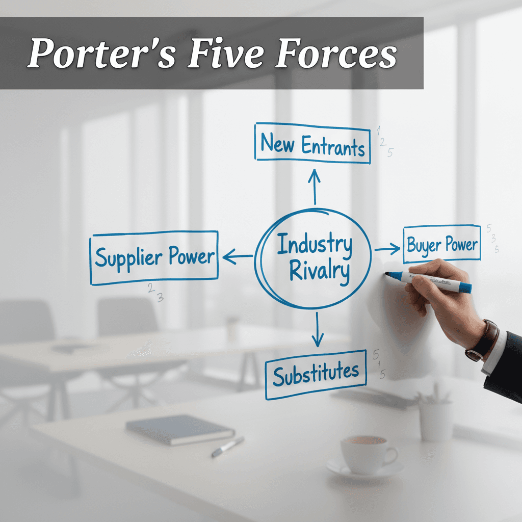 A McKinsey-style whiteboard with Porter's Five Forces diagram drawn out — rivalry in the center surrounded by new entrants, substitutes, buyer power, and supplier power, with a candidate sketching scores in blue marker