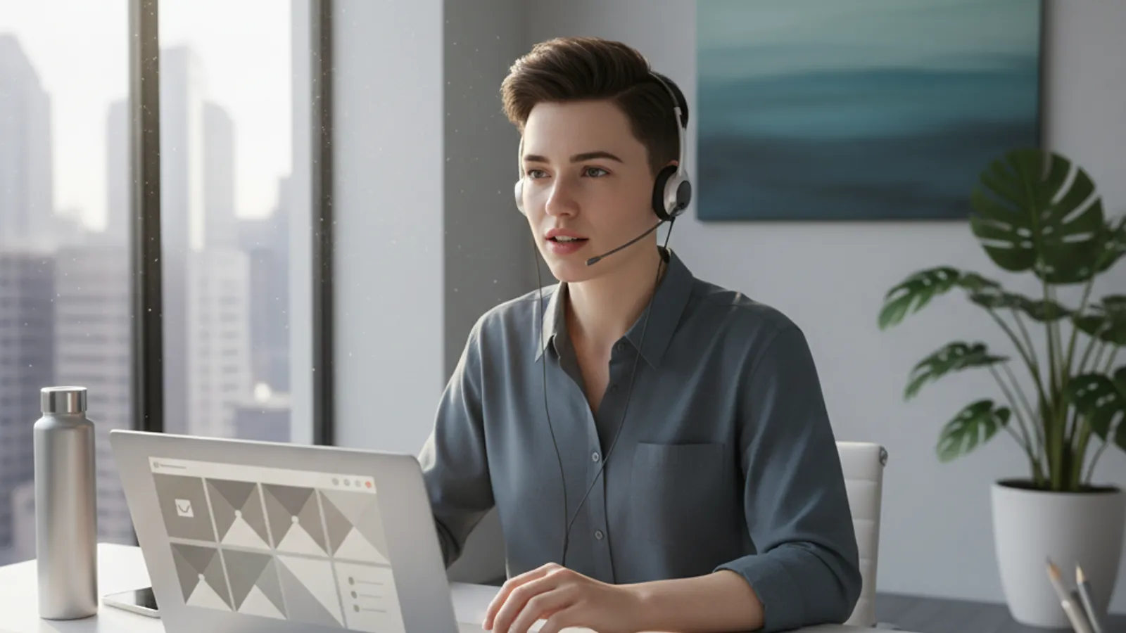 Candidate practicing a case interview with AI on a laptop, headset on, speaking a structured answer aloud and reading the feedback.