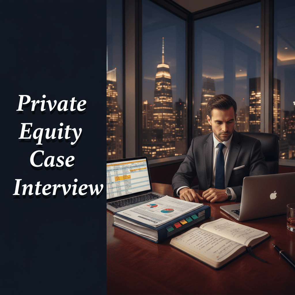 A private equity analyst at a mahogany conference table in a New York City high-rise, reviewing a Confidential Information Memorandum alongside an LBO model printout with IRR and MOIC figures visible, a leather-bound notebook open with deal thesis bullet points, and the Manhattan skyline glowing at night through floor-to-ceiling windows — deep navy, gold, and charcoal tones