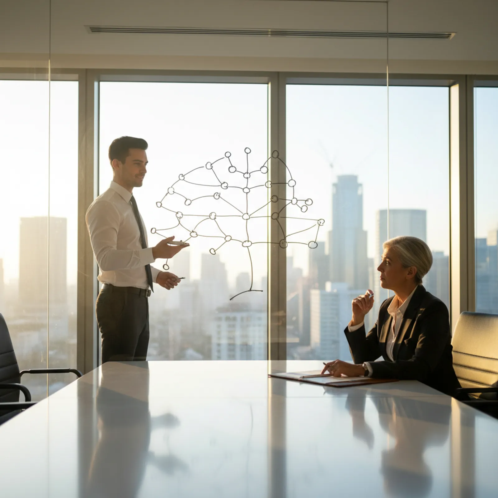 Candidate at a glass whiteboard drawing a structured tree diagram with a black marker, mid-explanation to a seated senior interviewer in a modern conference room with floor-to-ceiling windows